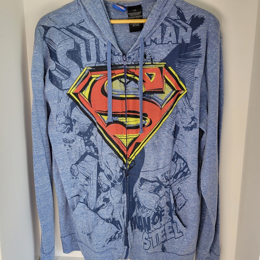 Superman Man of Steel Blue Heather Zip Up Hoodie Mens Large DC Comics Graphic
